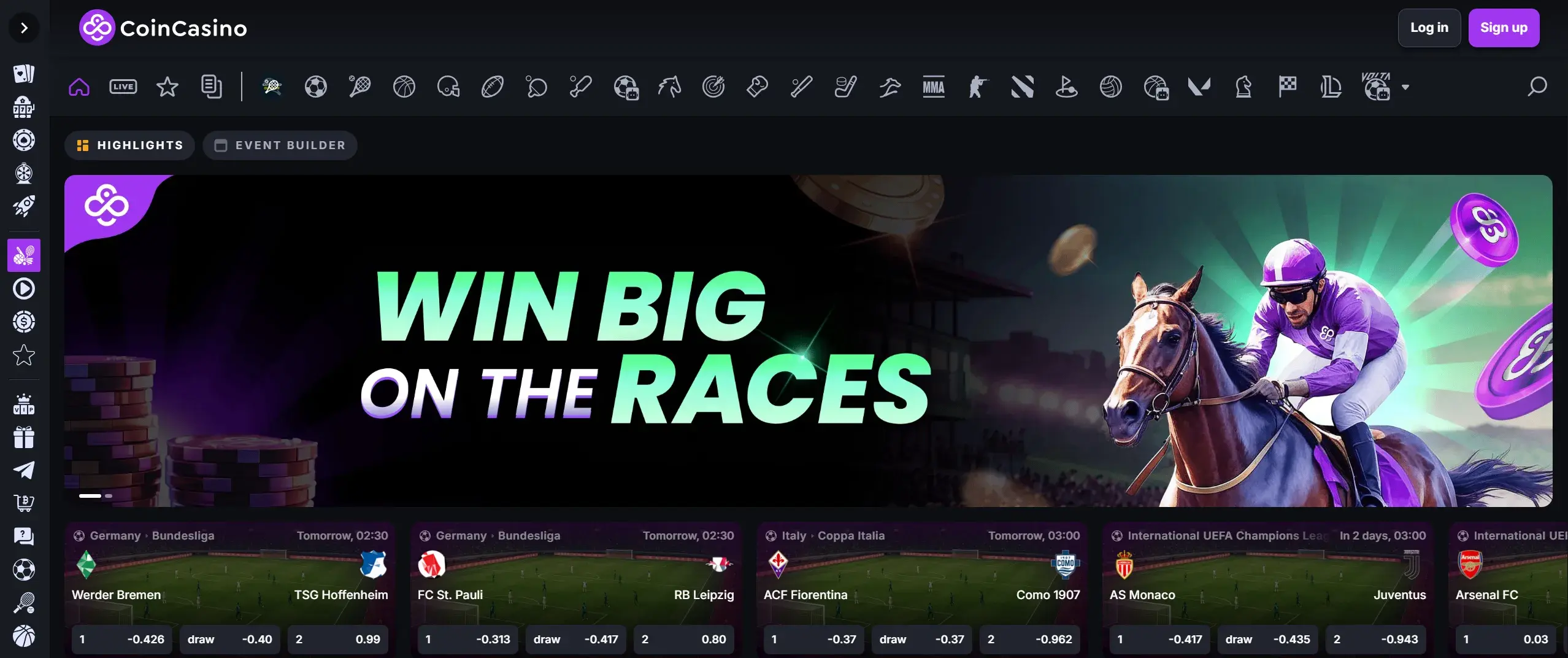 CoinCasino sportsbook homepage featuring racing promotion and betting navigation